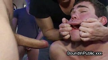 Gay Boy With Eyes And Hands Tied In Bondage Cow Yoke Fucked In Public Bar Group Sex Video Shoot