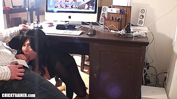 Asian Office Chick Bent Over Her Desk At Work In Ripped Clothes