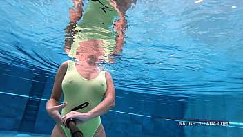 2 Japanes Girls In White Swimsuits Play In Pool With Guy